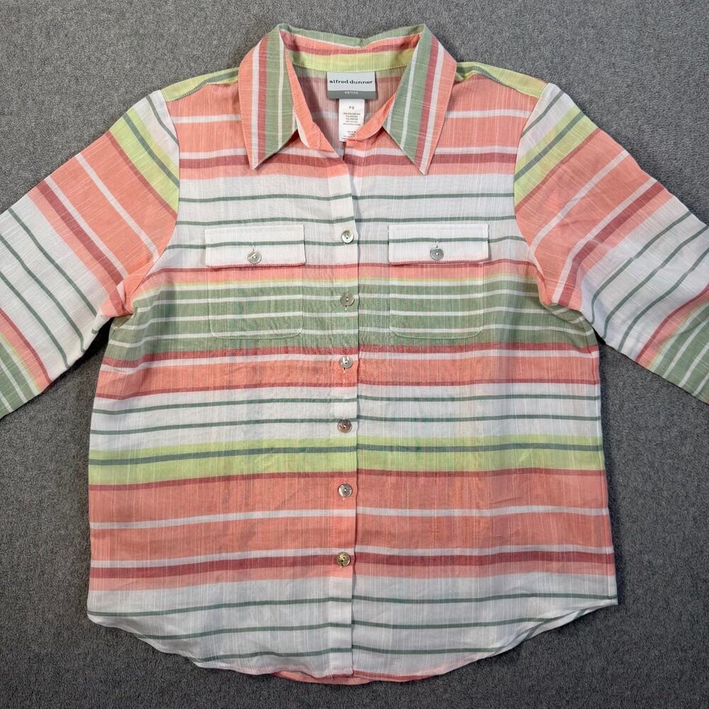 Alfred Dunner Petite Small PS Peach Striped Button Up Collared Shirt Blouse Top